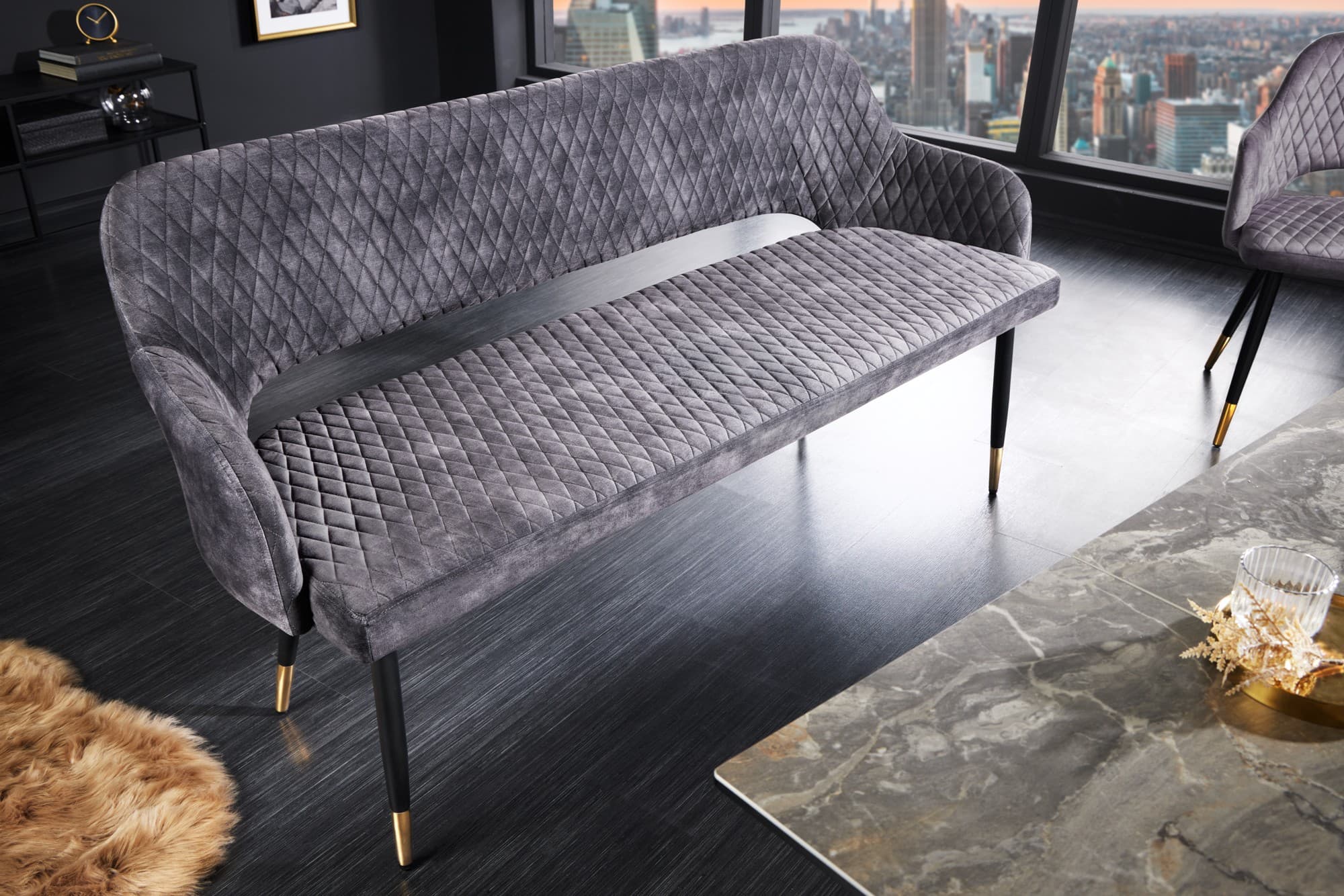 Estila Dizajnová čalúnená art deco lavica Fribourg s asymetrickými nožičkami sivá 162 cm