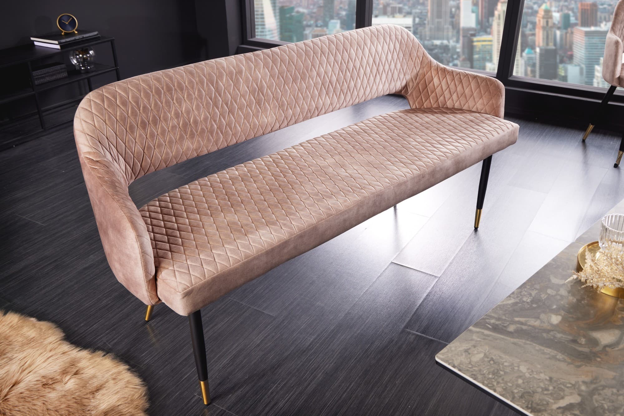 Estila Dizajnová čalúnená art deco lavica Fribourg s asymetrickými nožičkami svetlo béžová 162 cm