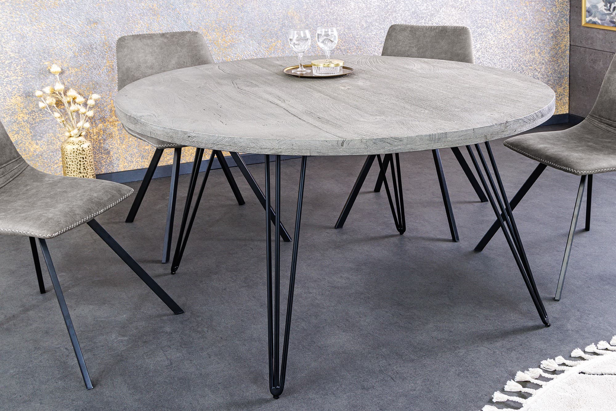 Estila Industriálny okrúhly jedálenský stôl Moonlight z masívneho mangového dreva svetlá sivá 80 cm 1