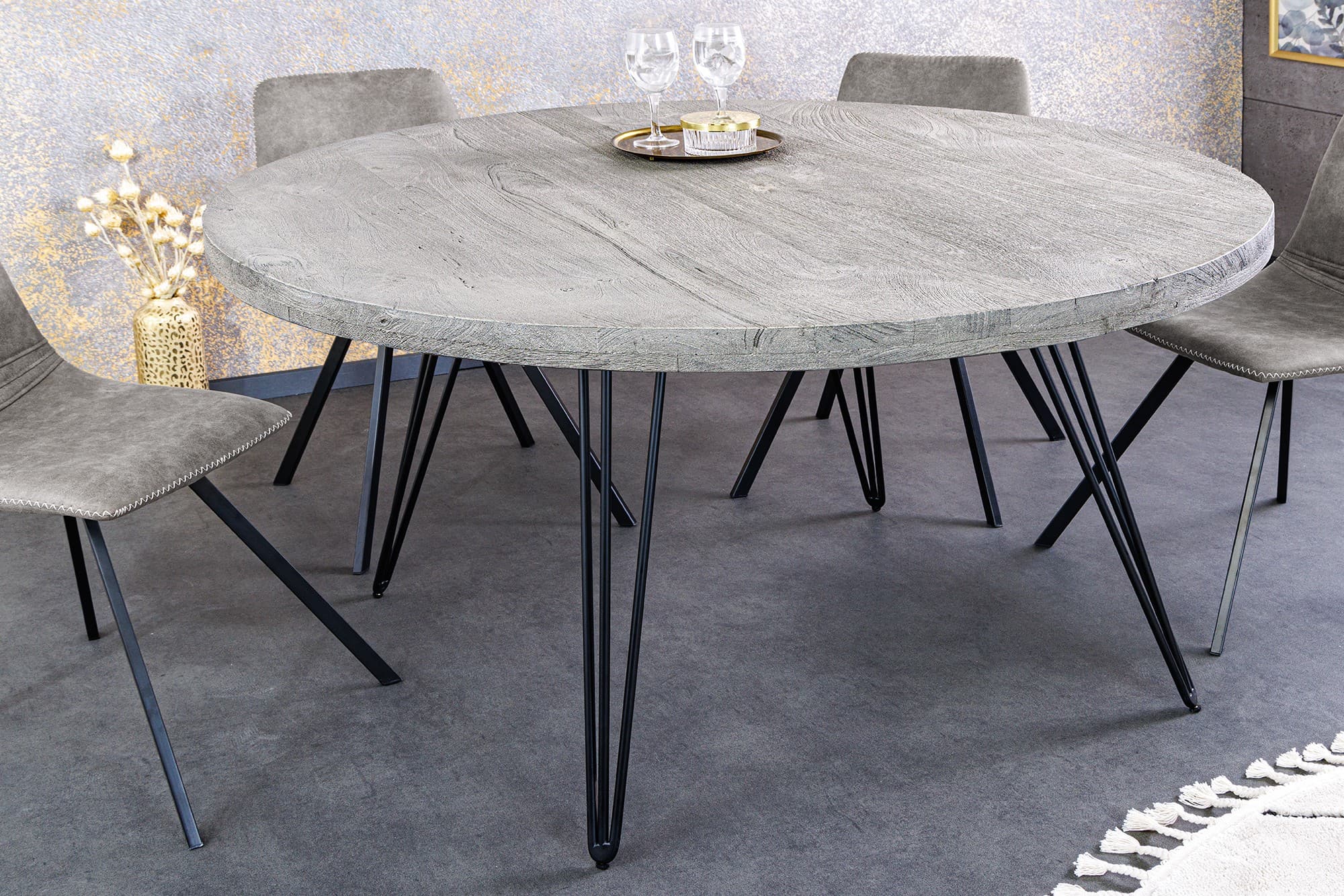 Estila Industriálny okrúhly jedálenský stôl Moonlight s vrchnou doskou z mangového masívu v svetlom sivom spracovaní 120 cm 1