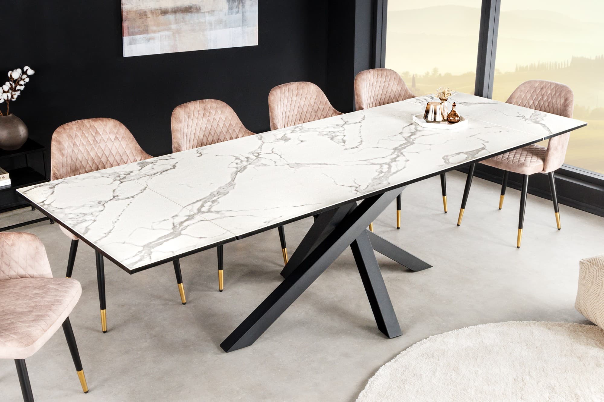 Estila Rozkladací obdĺžnikový jedálenský stôl Ceramia s bielou doskou s dizajnom mramoru a s čiernymi prekríženými nohami 180 cm