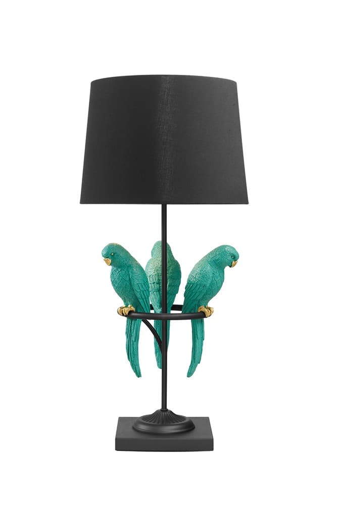 Estila Dizajnová stolná lampa Macaw v čiernej farbe s tromi tyrkysovými figúrami papagájov 75 cm