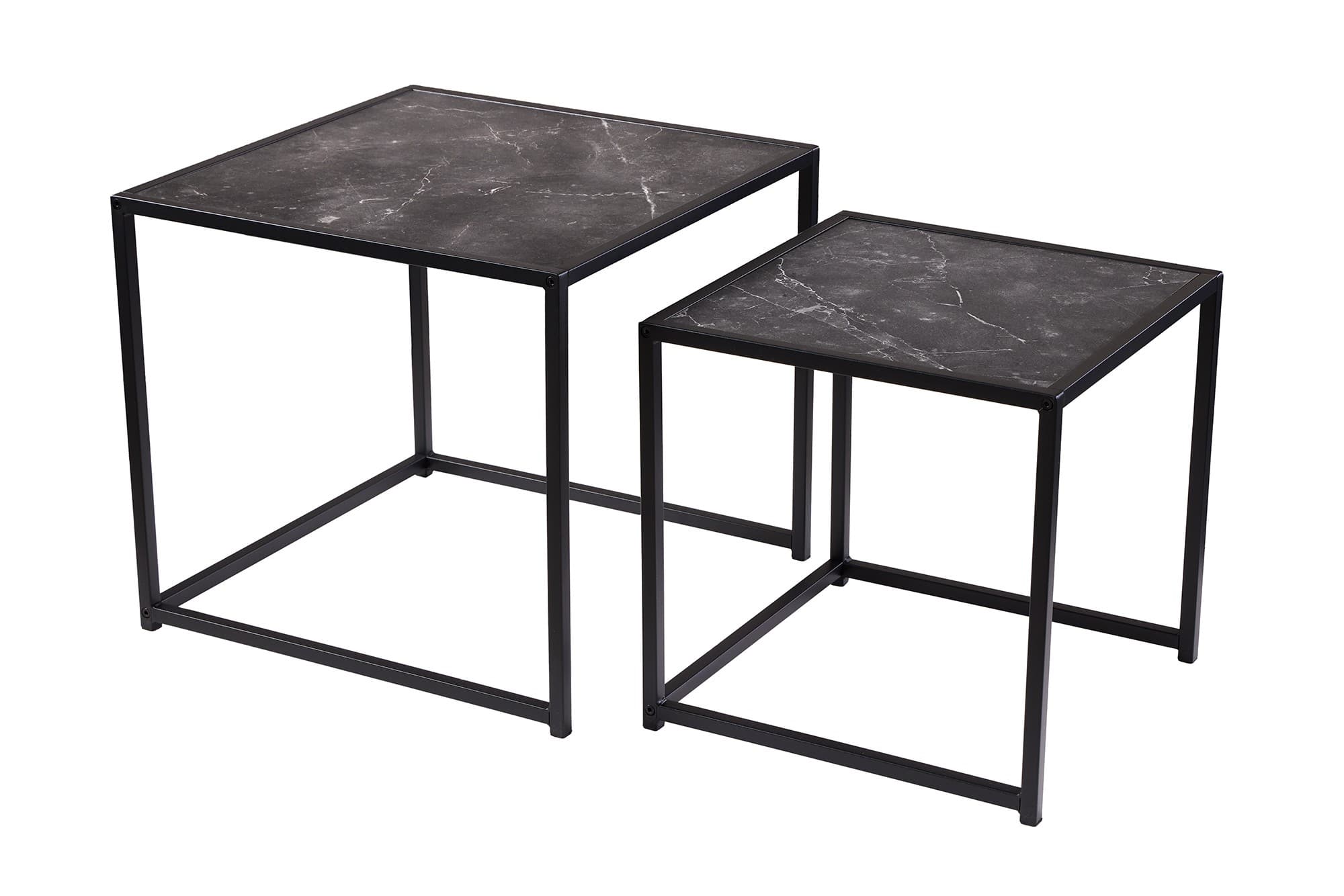Estila Industriálny antracitový čierny set štvorcových konferenčných stolíkov Industria Marble s mramorovým dizajnom 45 cm