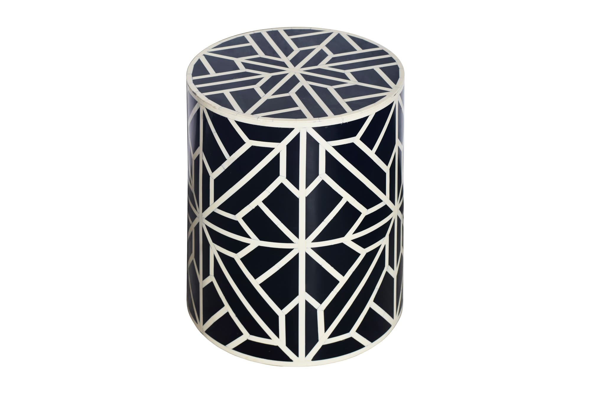 Estila Dizajnový okrúhly príručný stolík Bone Inlay z byvolej kosti v bielej a čiernej farbe so vzorovaním 46 cm