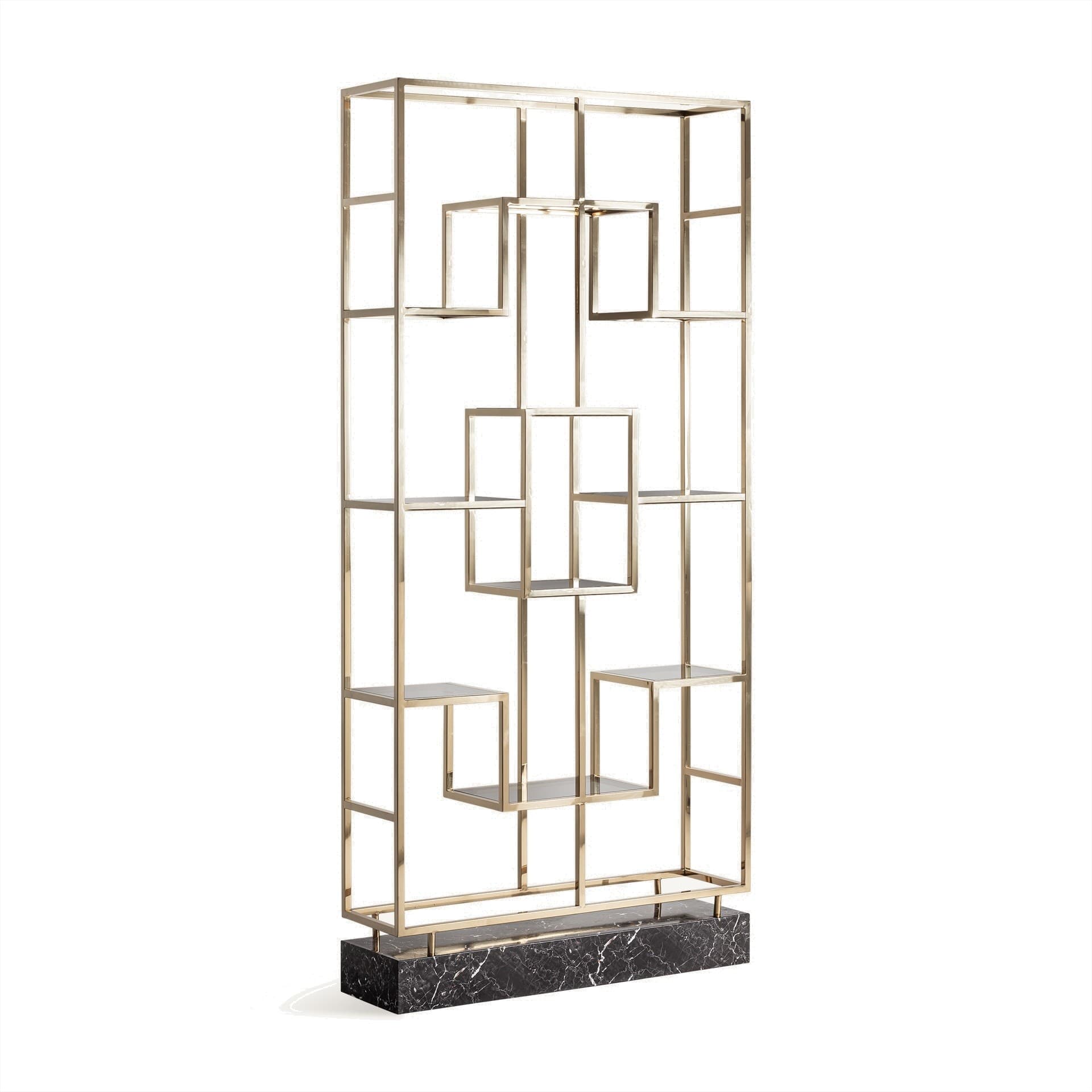 Estila Luxusný art deco regál Pius s kovovou konštrukciou v zlatej farbe a mramorovou podstavou 230 cm