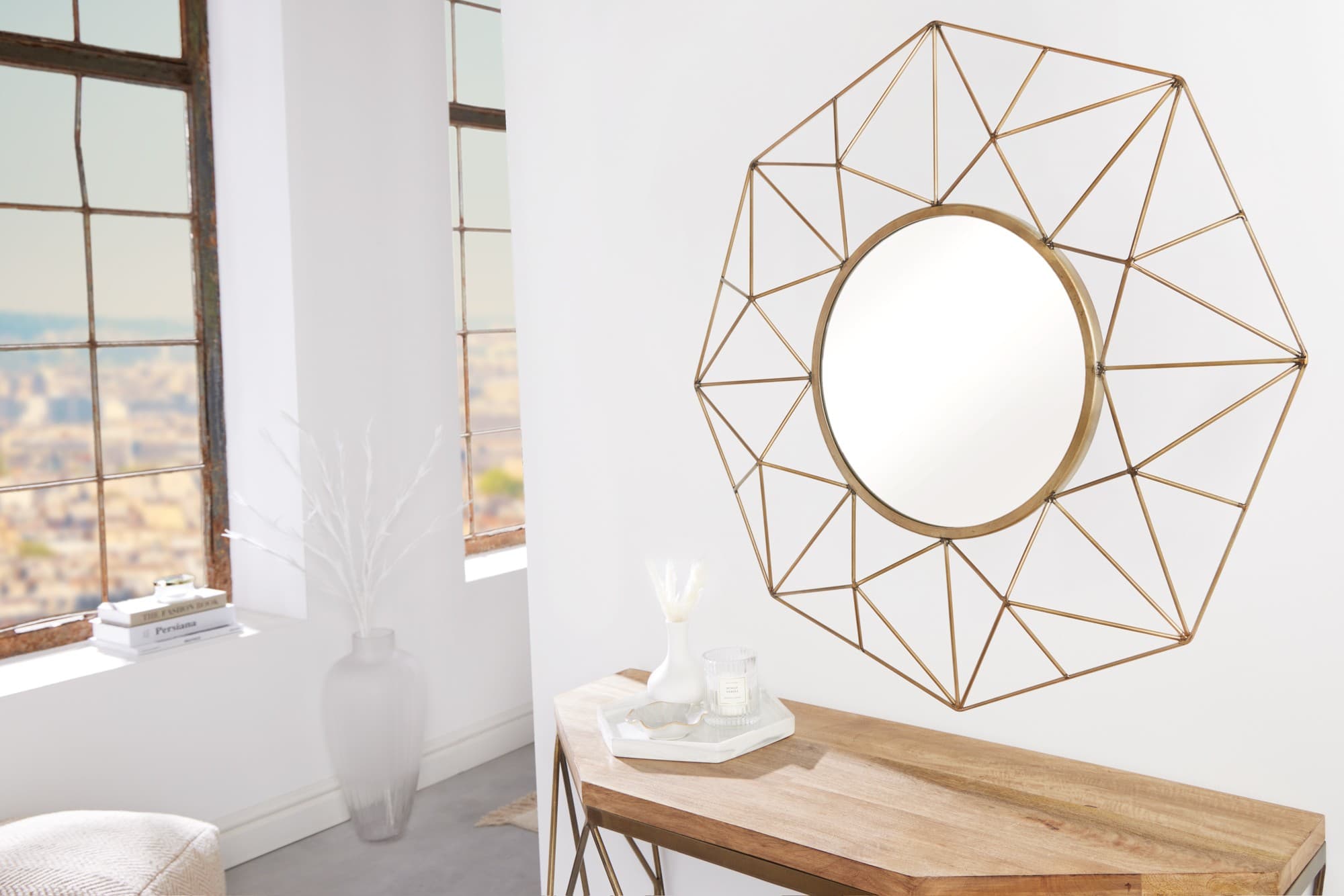 Estila Dizajnové art deco zlaté okrúhle zrkadlo Xoia s kovovým rámom so vzdušným diamantovým dizajnom 90 cm