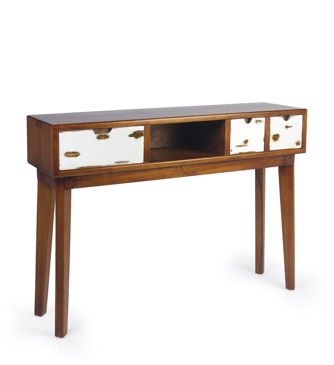 Estila Severský retro konzolový stolík Vellesa z masívneho mindi dreva v hnedej farbe s bielymi zásuvkami 110 cm