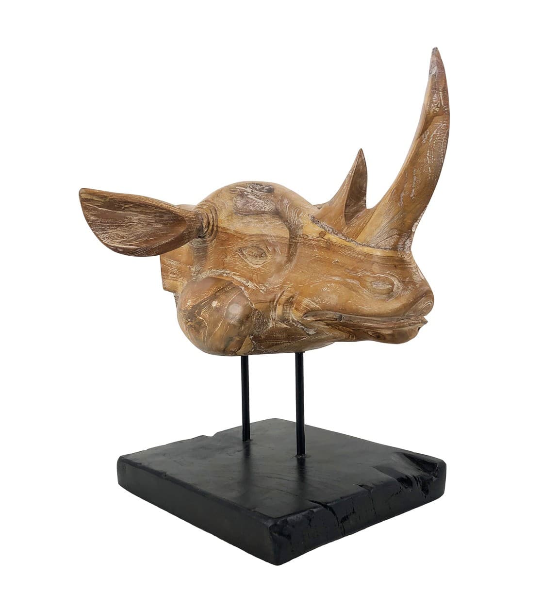 Estila Dizajnová etno hnedá dekorácia Rhino z masívneho dreva s čiernym podstavcom 45 cm