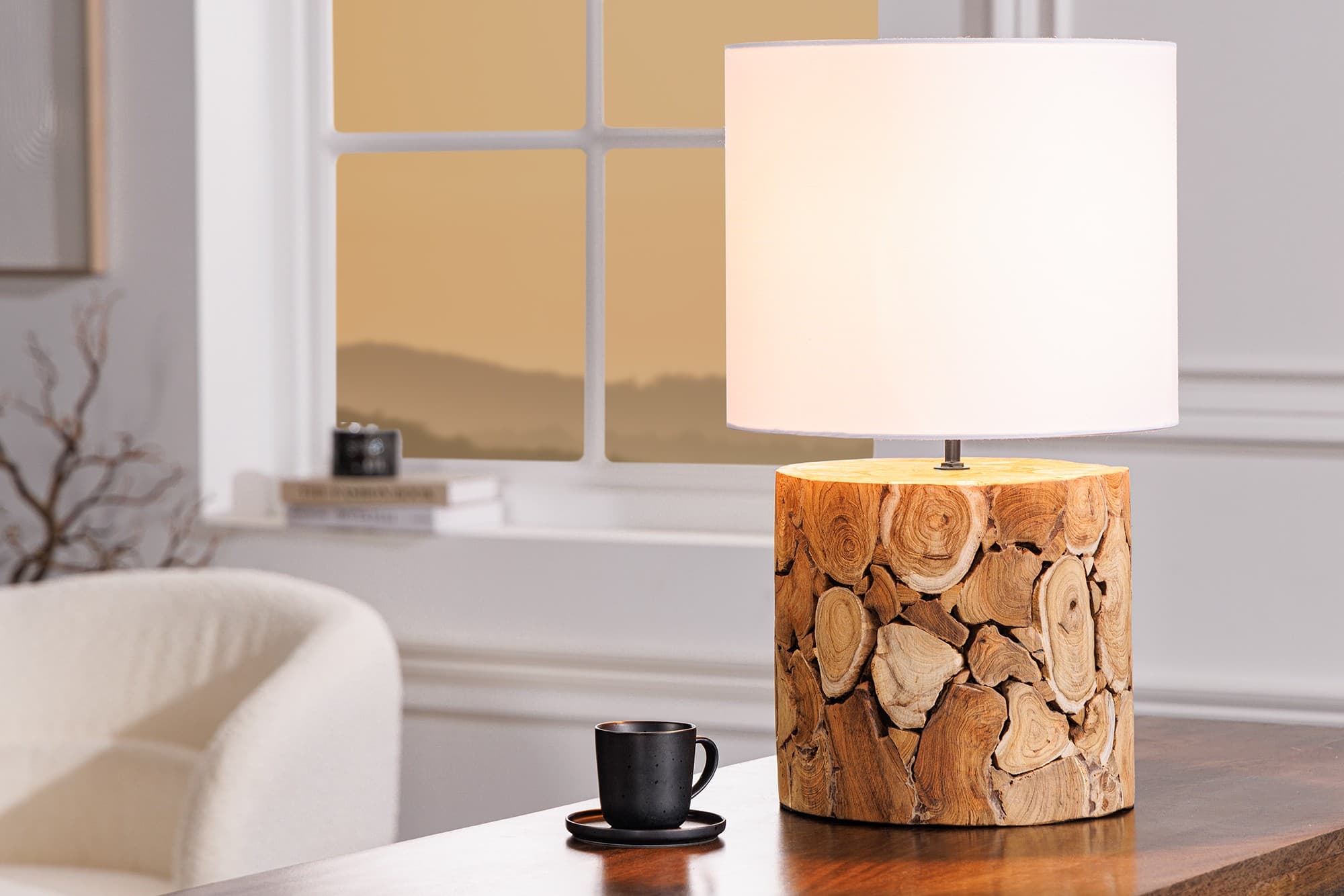 Estila Dizajnová masívna stolná lampa Egura s drevenou hnedou podstavou a okrúhlym bielym tienidlom 45 cm