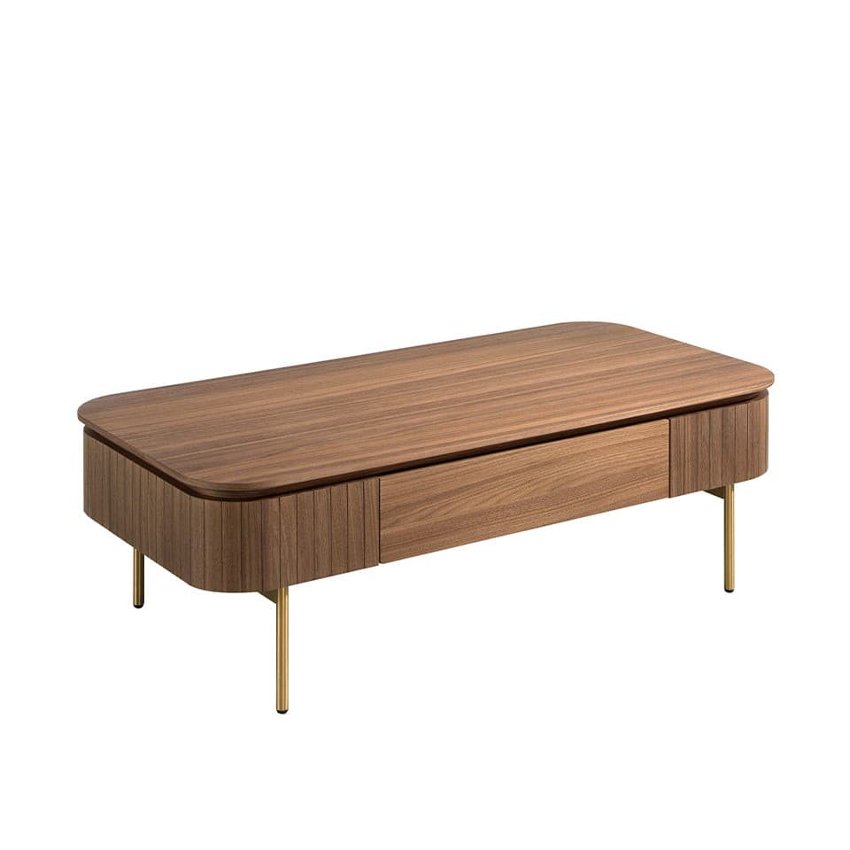 Estila Luxusný art deco obdĺžnikový konferenčný stolík Vita Naturale z hnedého orechového dreva so zásuvkou a zlatými nožičkami 120 cm 1