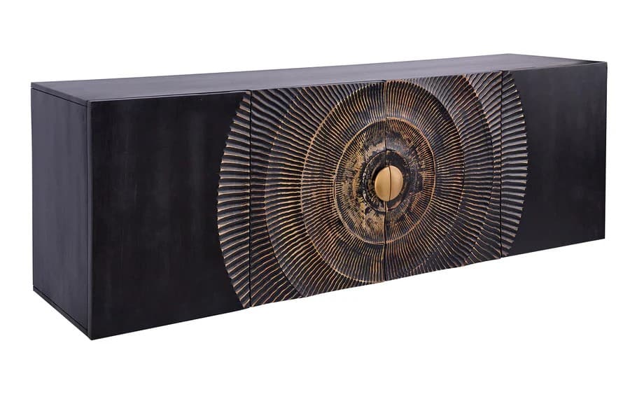 Estila Štýlový štvordverový art deco nástenný tv stolík Cumbria v čiernej farbe so zdobeným zlatým reliéfom na dvierkach 180 cm 1