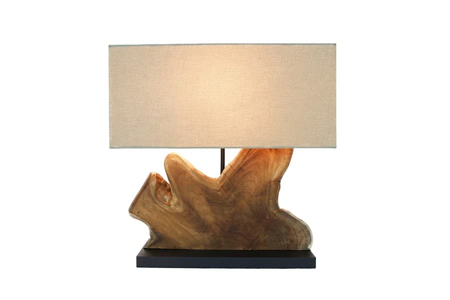 Estila Dizajnová masívna stolná lampa Hypnotic s podstavou z naturálneho hnedého teakového dreva a kovu s béžovým tienidlom 50 cm 1