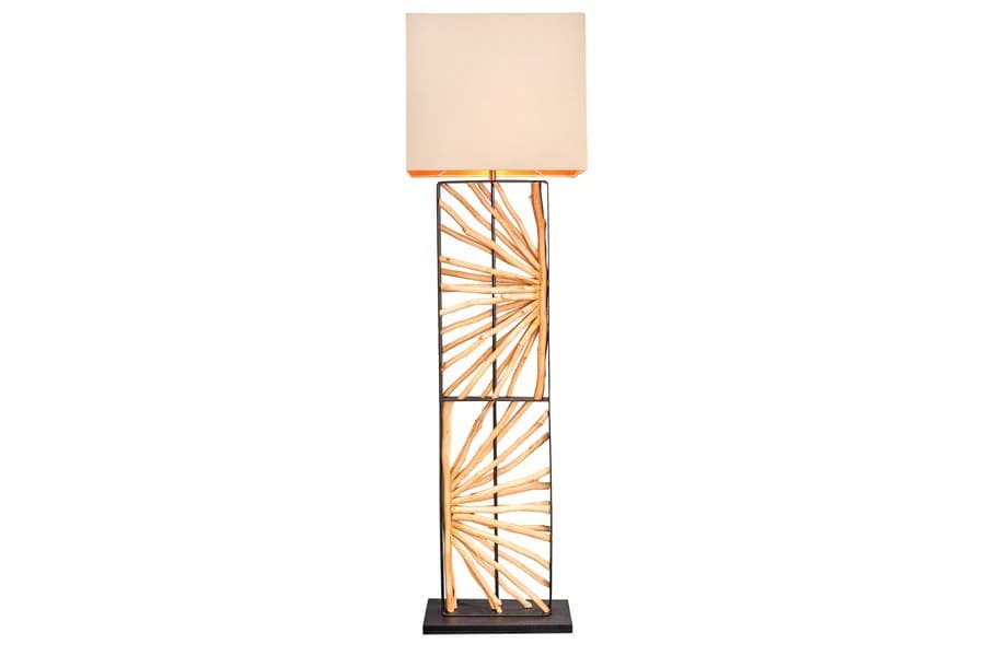 Estila Dizajnová etno stojaca lampa Adduro s podstavou z čierneho kovu a masívneho dreva v hnedej farbe s béžovým tienidlom 165 cm