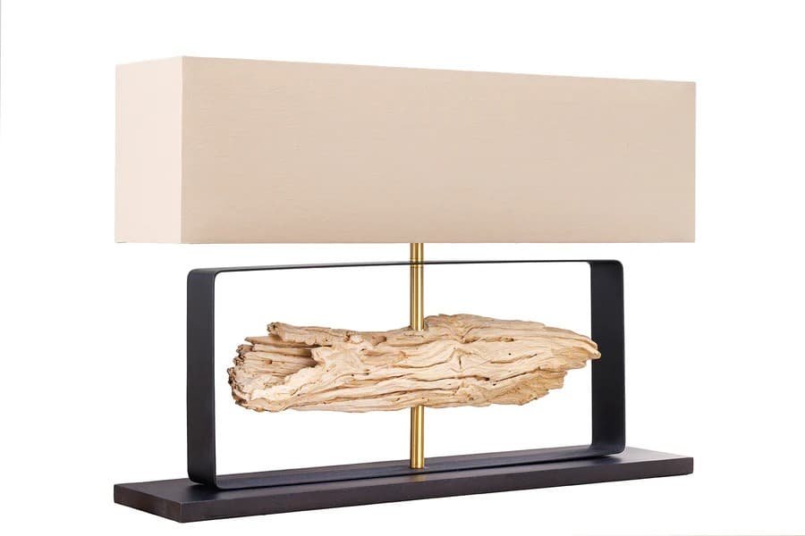 Estila Dizajnová moderná stolná lampa Rousilique s béžovým tienidlom a čiernou kovovou podstavou s prvkom z naplaveného dreva 62 cm