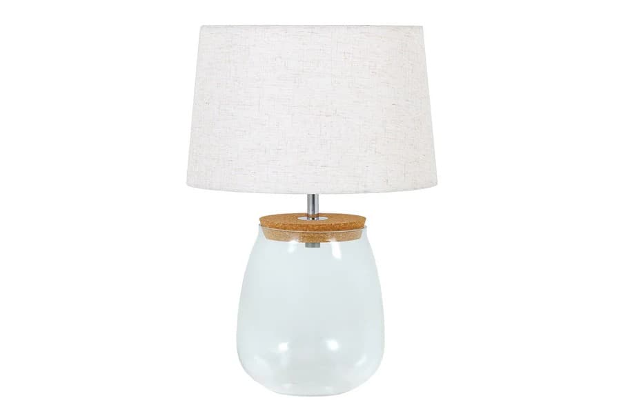 Estila Štýlová sklenená stolná lampa Clasico s nohou v podobe priesvitnej nádoby s valcovým béžovým tienidlom 60 cm