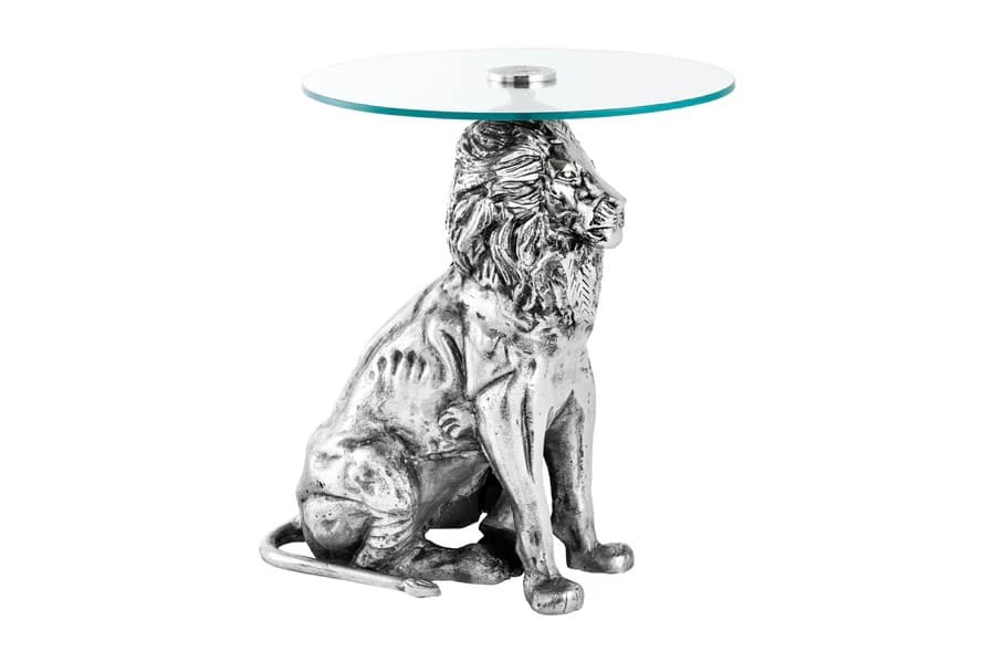 Estila Dizajnový art deco príručný stolík Tierra Glam s okrúhlou sklenenou doskou a nohou v podobe strieborného leva 60 cm