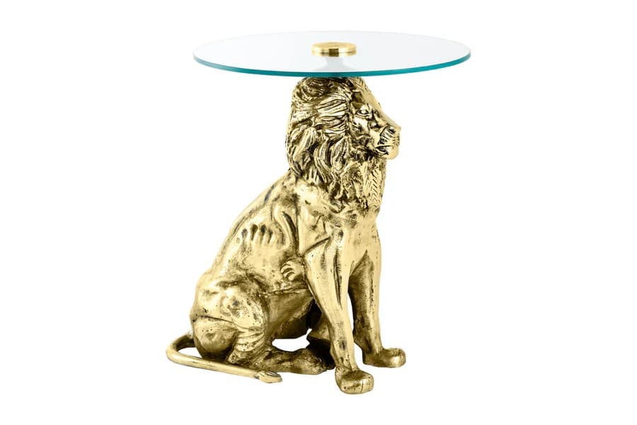 Estila Štýlový art deco príručný stolík Tierra Glam s okrúhlou sklenenou doskou a s nohou v podobe zlatého leva 60 cm