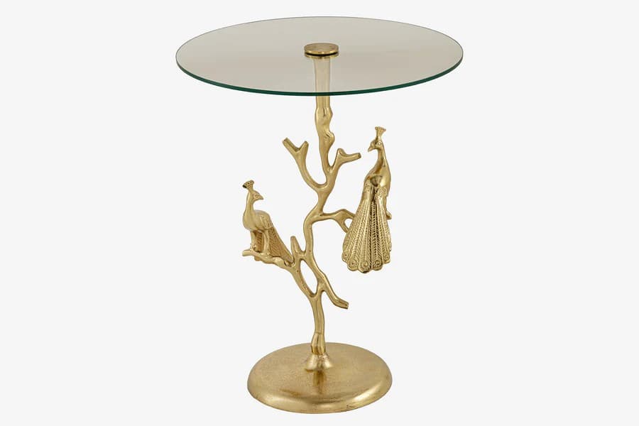 Estila Štýlový art deco kovový príručný stolík Tierra Glam s okrúhlou sklenenou doskou a nohou v podobe zlatých pávov 60 cm