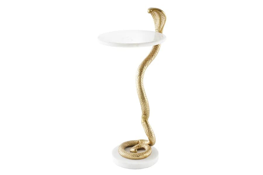 Estila Štýlový art deco kovový zlatý príručný stolík Tierra Glam s okrúhlou mramorovou doskou a nohou v podobe hada 63 cm