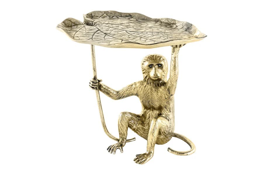 Estila Štýlový art deco príručný kovový stolík Monkey s prírodnými motívmi v podobe listu a opice v zlatej antickej farbe 55 cm
