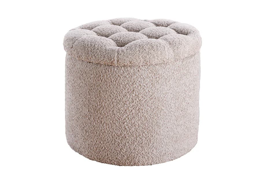 Estila Moderná okrúhla baroková bouclé taburetka Modern barock v šampanskej béžovej farbe s úložným priestorom 50 cm