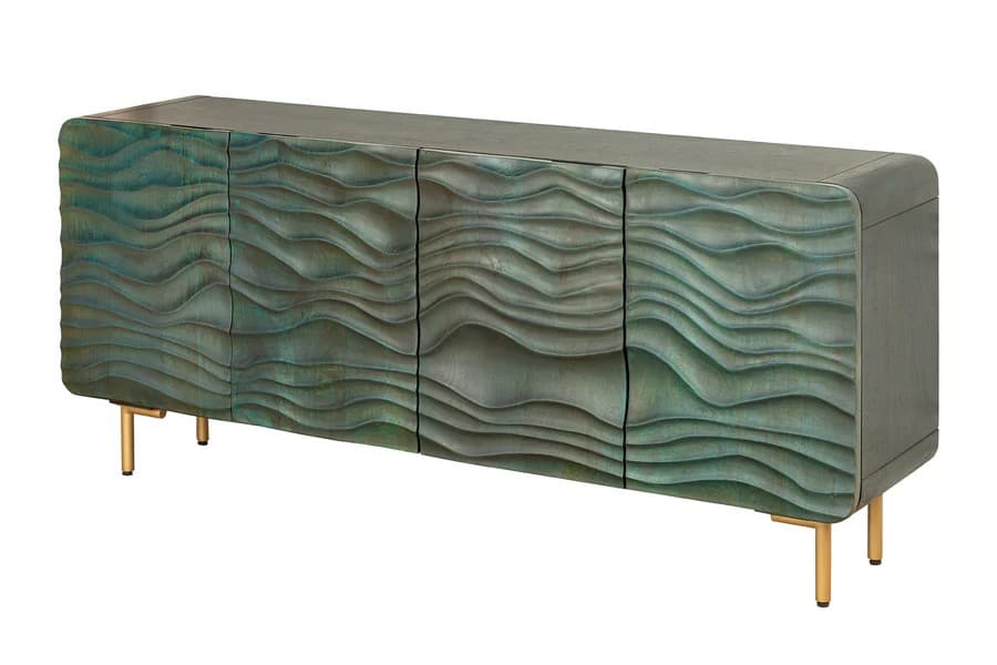 Estila Štýlový štvordverový art deco príborník Tyrquis v tyrkysovej farbe s vyrezávanými reliéfmi a zlatými nožičkami 160 cm