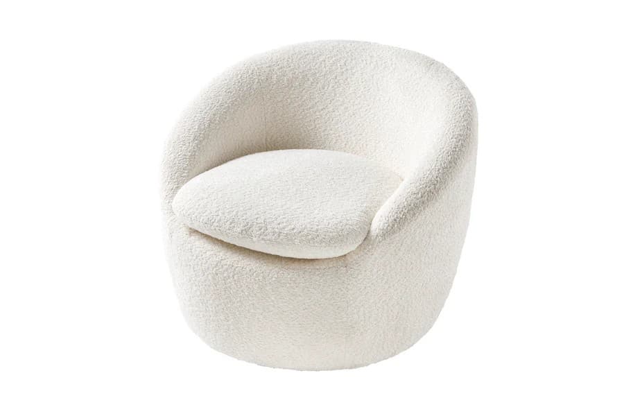 Estila Štýlové glamour bouclé otočné kreslo Elian s bielym textilným poťahom v okrúhlom tvare 76 cm