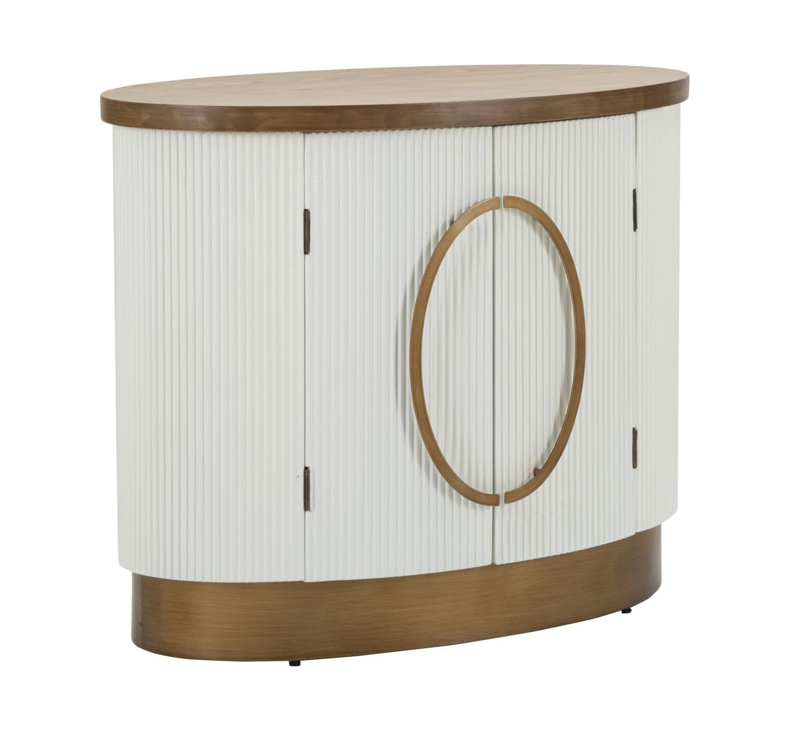 Estila Art deco dvojdvierkový oválny konzolový stolík Glamia Blanc s hnedou drevenou doskou a vrúbkovaným krémovým korpusom 79 cm