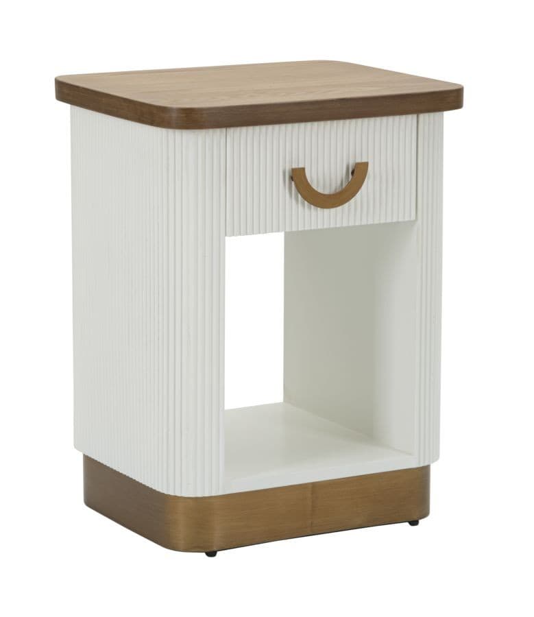 Estila Art deco obdĺžnikový nočný stolík Glamia Blanc s hnedou vrchnou doskou a vrúbkovaným bielym korpusom so zásuvkou 62 cm