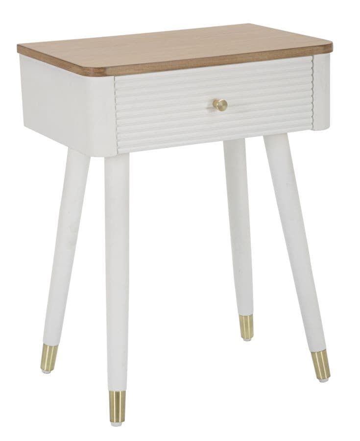 Estila Art deco obdĺžnikový drevený nočný stolík Samira s hnedou doskou s bielym korpusom so zásuvkou so zlatými detailmi 62 cm 1