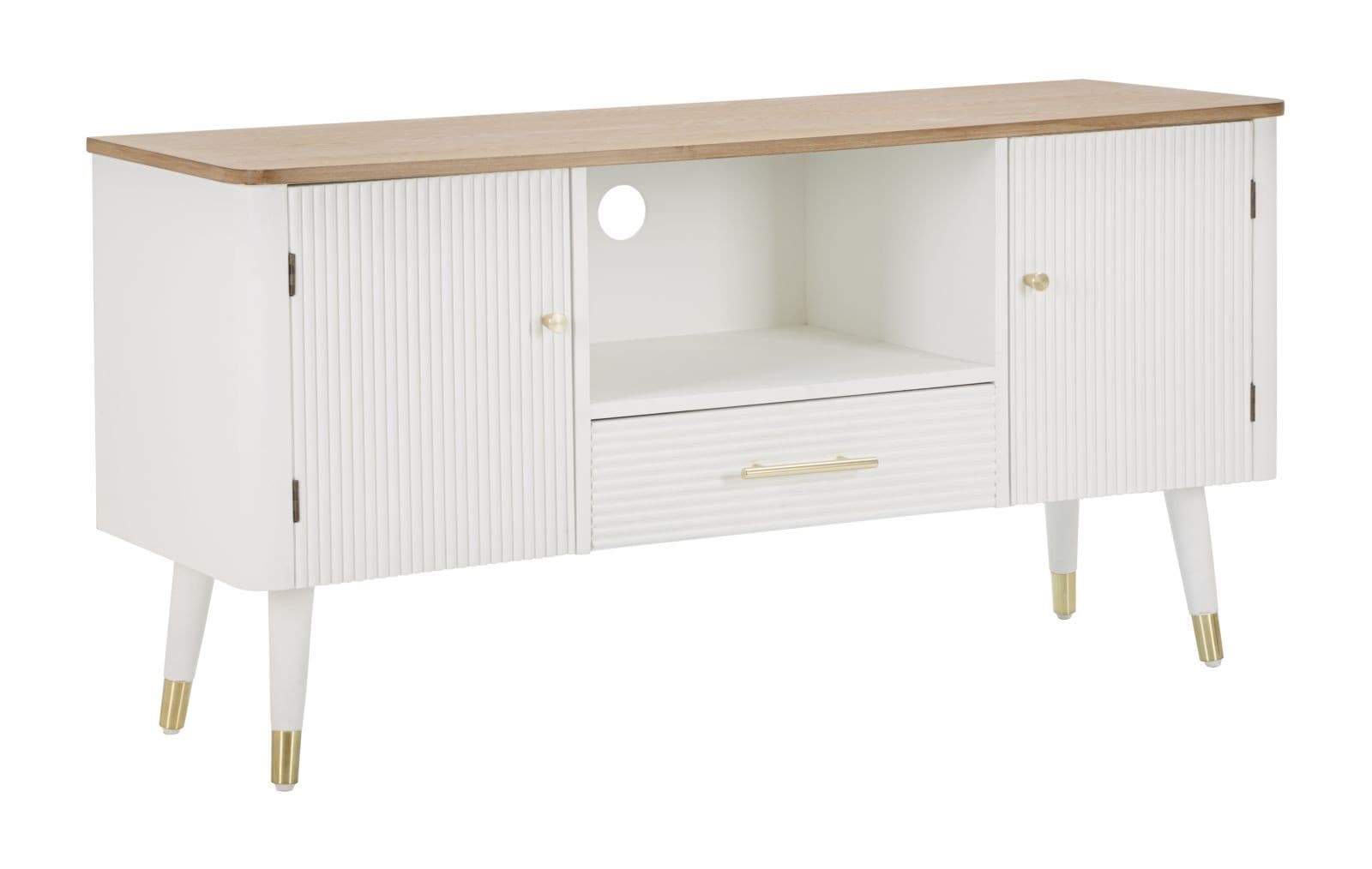 Estila Art deco biely TV stolík Samira s dvomi dvierkami a jednou zásuvkou s vrúbkovaným povrchom a hnedou vrchnou doskou 117 cm