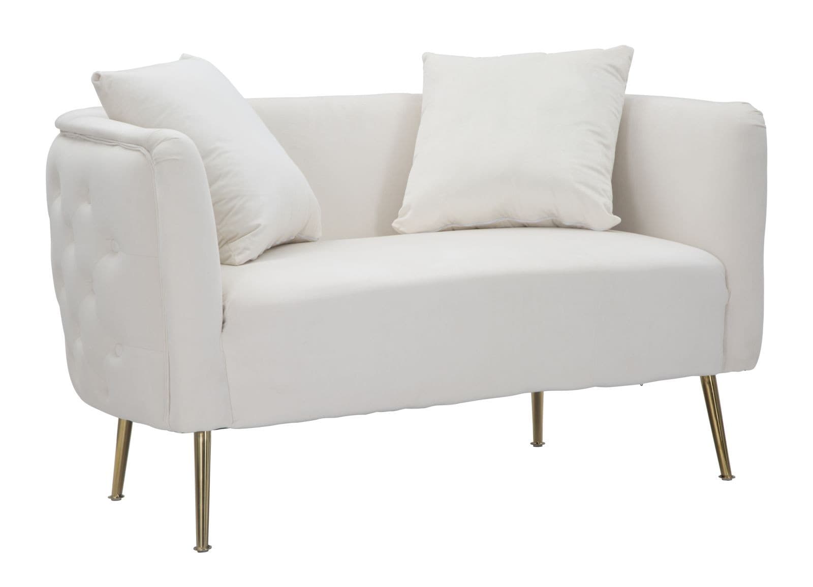 Estila Art deco dvojmiestna obdĺžniková čalúnená zamatová prešívaná sedačka Zeran v krémovej farbe so zlatými kovovými nožičkami 127 cm 1