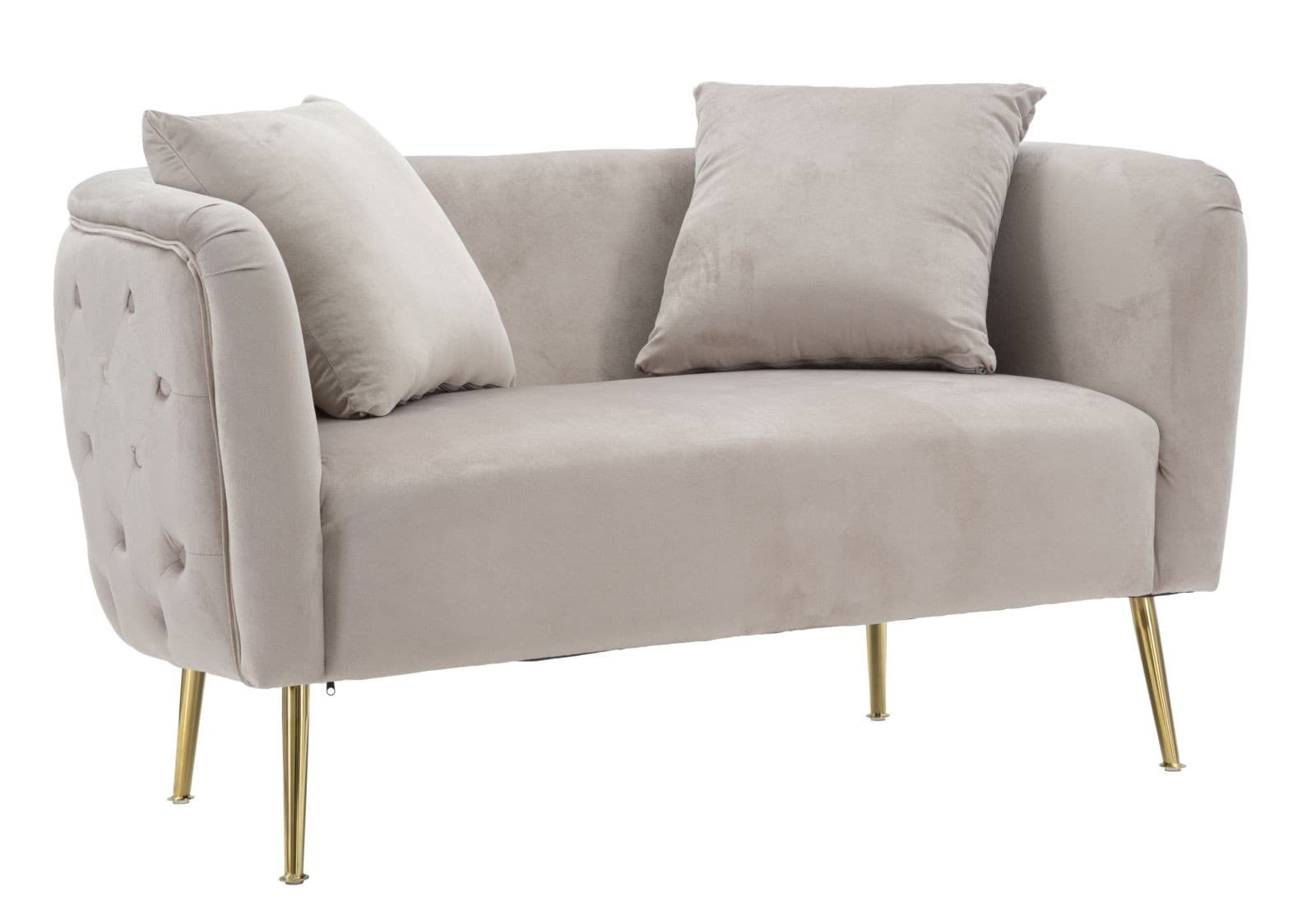 Estila Art deco obdĺžniková dvojmiestna sedačka Zeran s béžovým zamatovým poťahom s prešívaním a zlatými kovovými nožičkami 127 cm 1
