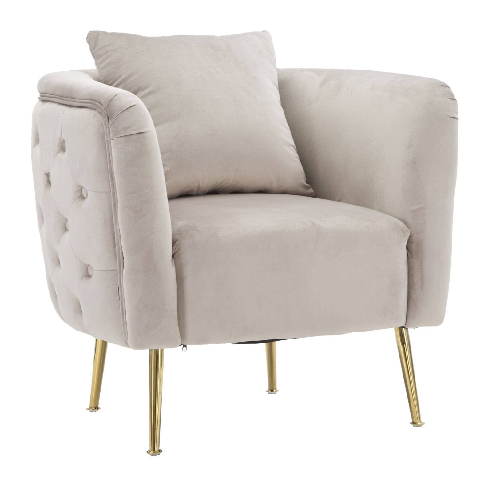 Estila Art deco štvorcové oblé čalúnené kreslo Zeran s prešívaním v sivej farbe so zlatými kovovými úzkymi nožičkami 76 cm
