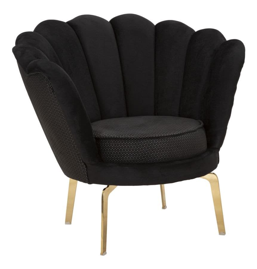 Estila Art deco čalúnené prešívané kreslo Perla so zamatovým čiernym poťahom v tvare mušle so zlatými kovovými nožičkami 83 cm 1