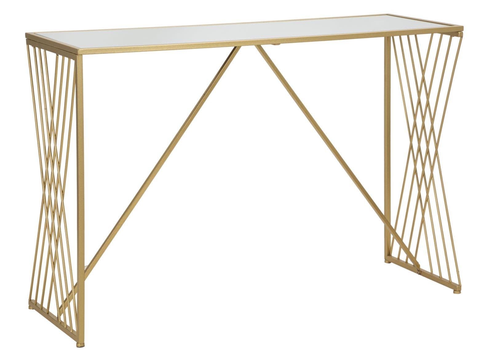 Estila Dizajnový art deco konzolový stolík Mardella so zrkadlovou doskou a kovovou konštrukciou v zlatej farbe 129 cm 1