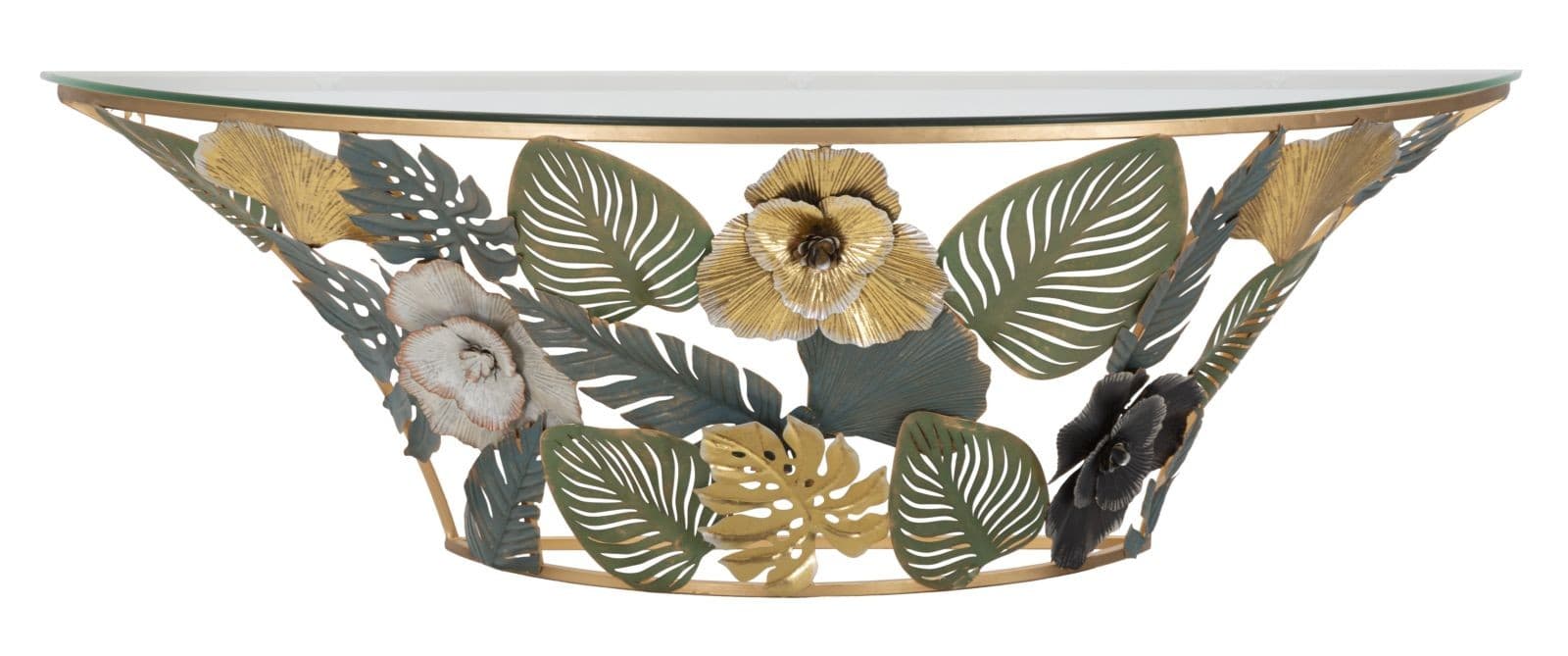 Estila Dizajnový glamour konzolový stolík Exotica s florálnou podstavou v odtieňoch zelenej a čiernej so zlatým kovovým akcentom 120 cm