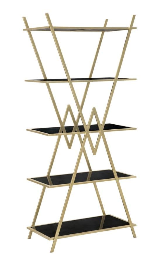 Estila Dizajnový glamour regál Triangolo Oro so štyrmi policami z čierneho skla a geometrickou zlatou konštrukciou 180 cm