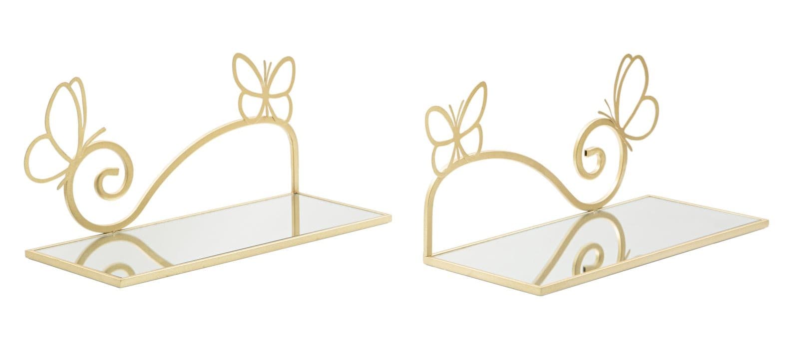 Estila Dizajnová sada obdĺžnikových glamour zrkadlových políc Papillon so zlatým kovovým rámom s dekoratívnymi motýľmi 41 cm