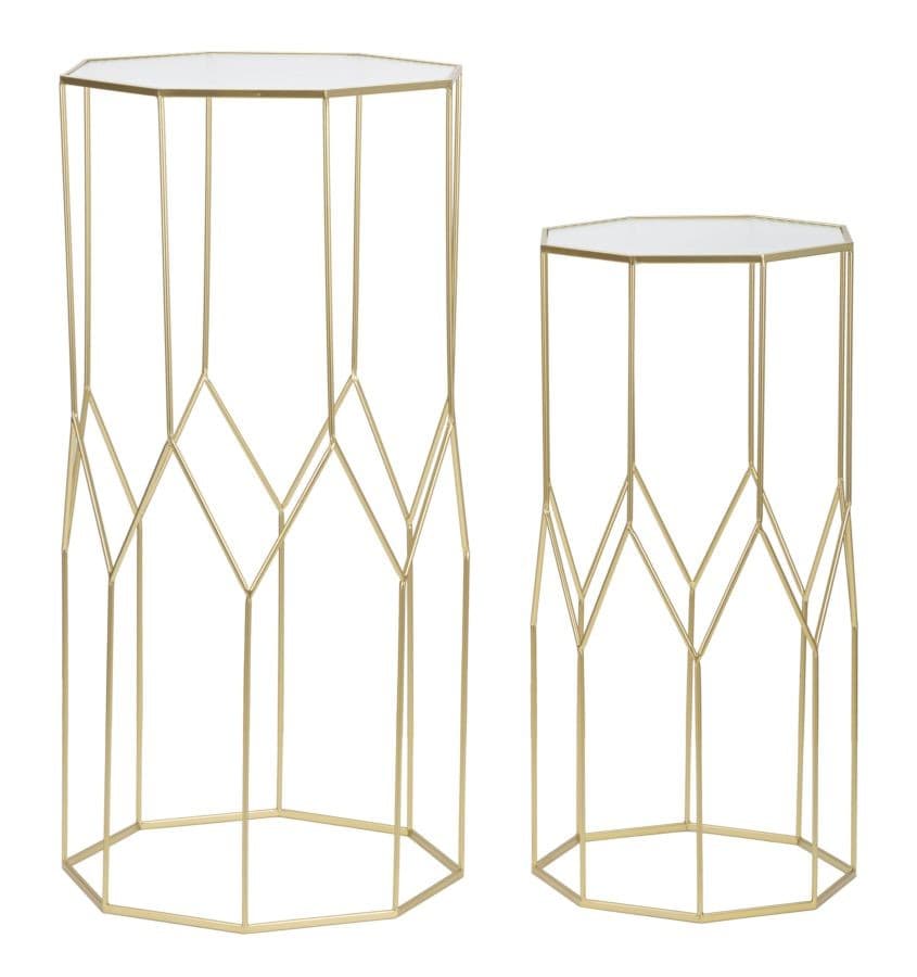 Estila Art deco set osemuholníkových kovových zlatých príručných stolíkov Lamier so sklenenou vrúbkovanou doskou 100 cm 1