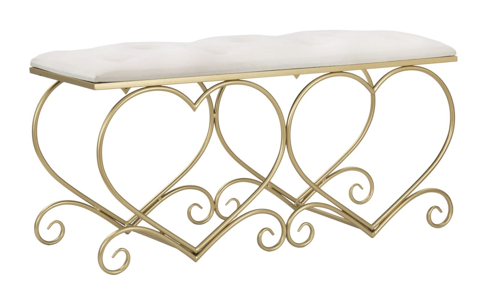 Estila Glamour čalúnená lavica Amorattia s kovovu konštrukciou v zlatej farbe s dizajnom sŕdc a krémovým zamatovým poťahom 105 cm 1