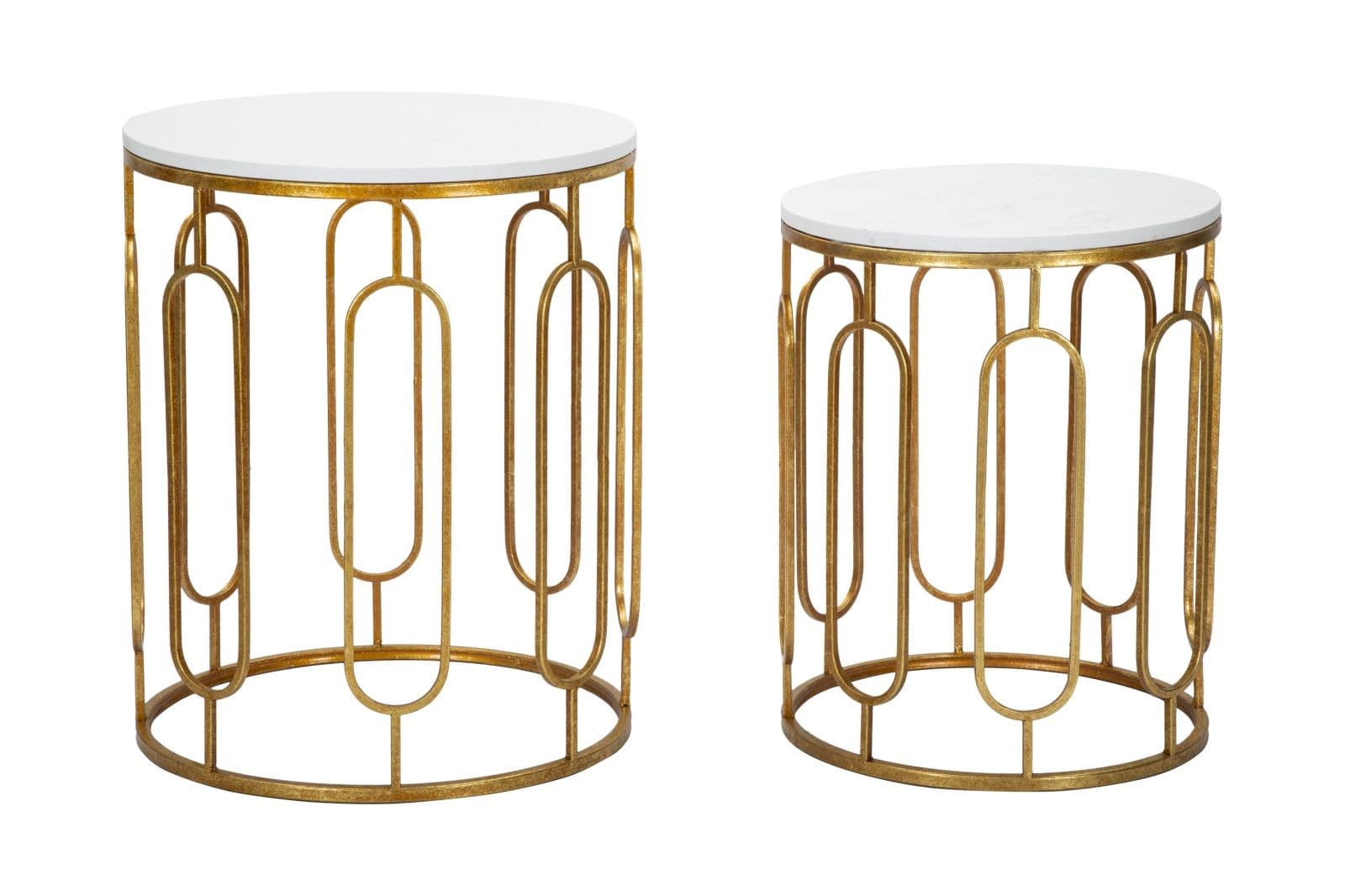 Estila Art deco sada zlatých okrúhlych kovových príručných stolíkov Lancelot s doskou s mramorovým dizajnom v bielej farbe 55 cm