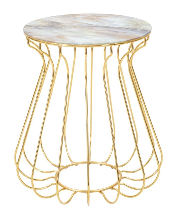 Estila Art deco okrúhly kovový zlatý mramorový konferenčný stolík Naris s atypickou nohou a vrchnou fialovou doskou 52 cm