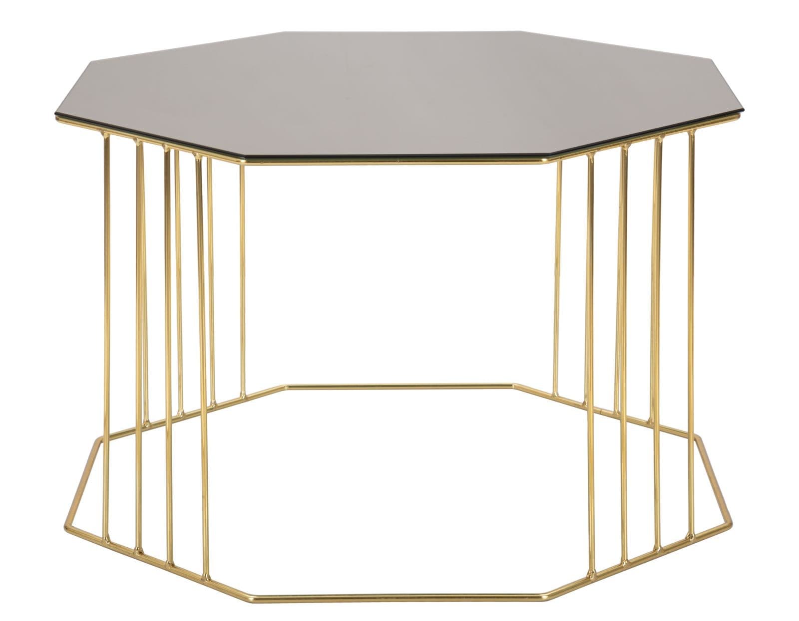 Estila Art deco osemuholníkový kovový zlatý konferenčný stolík Hexan s vrchnou sklenenou hnedou doskou 70 cm 1