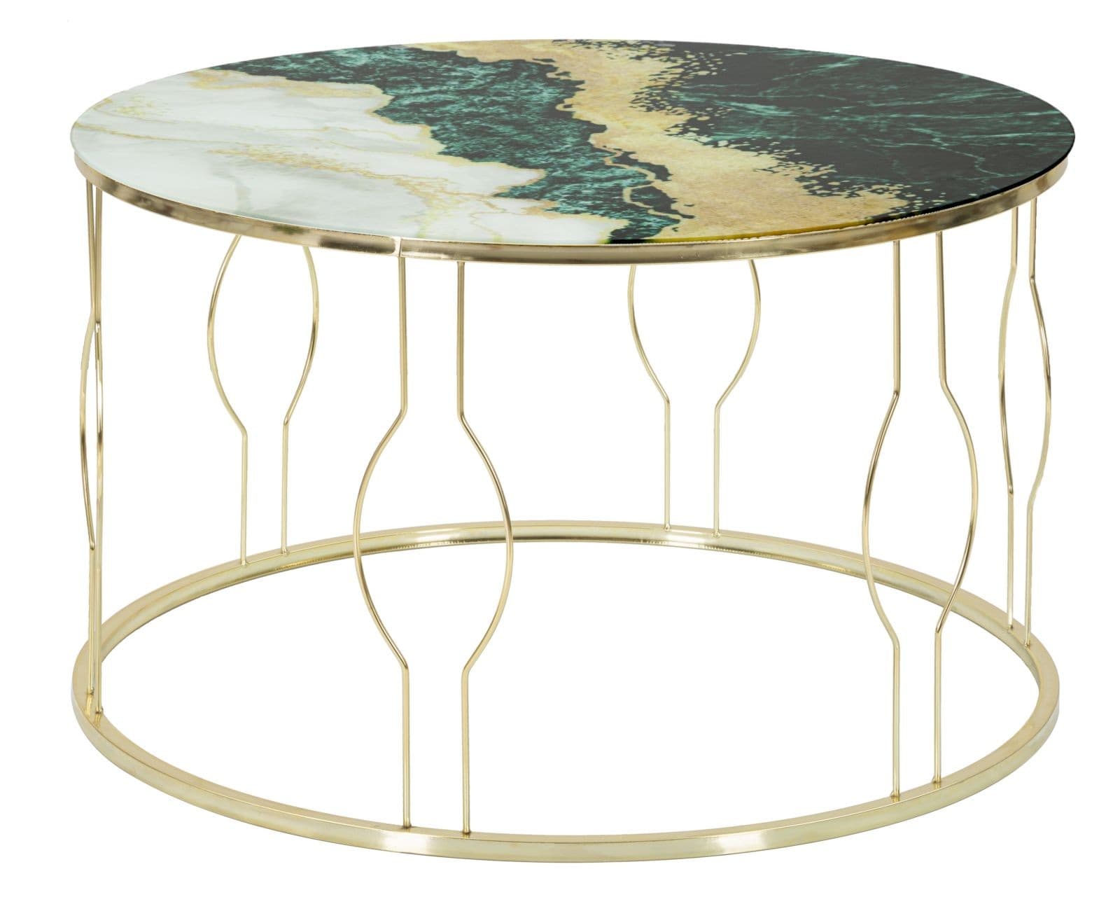 Estila Art deco okrúhly mramorový zlatý kovový konferenčný stolík Zeren s geometrickou podstavou a vrchnou sklenenou doskou 75 cm