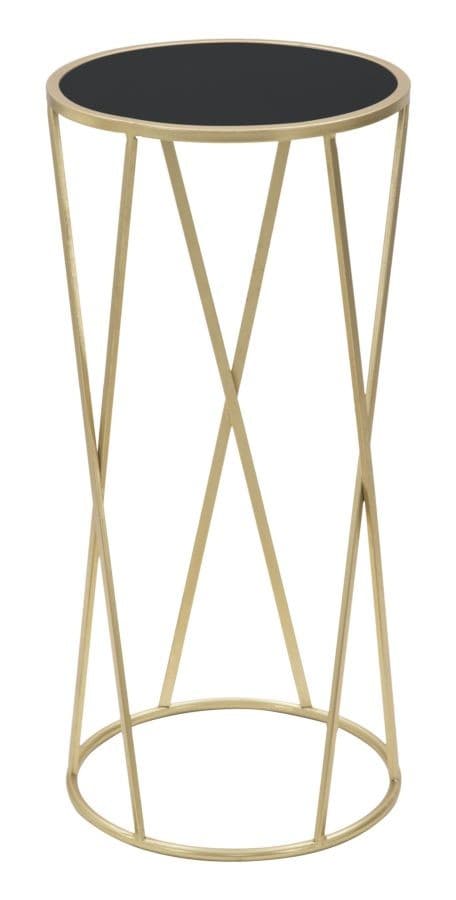 Estila Art deco zlatý kovový okrúhly príručný stolík Lery s nohou s tyčami do X s vrchnou sklenenou čiernou doskou 75 cm