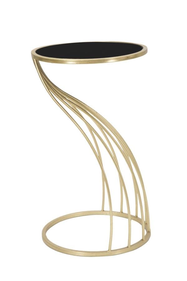 Estila Art deco zlatý okrúhly príručný stolík Naselam s ohnutými kovovými tyčami s vrchnou sklenenou čiernou doskou 60 cm