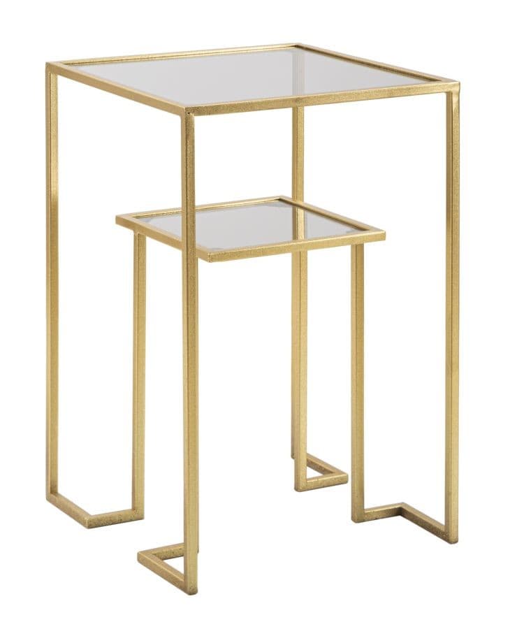 Estila Art deco štvorcový dvojitý príručný stolík Damin s dvomi sklenenými doskami nad sebou s kovovou zlatou konštrukciou 60 cm