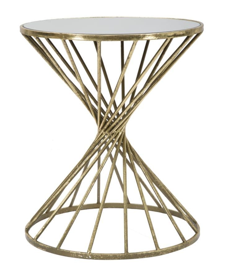 Estila Art deco príručný stolík Elizia so zlatou kovovou konštrukciou a okrúhlou zrkadlovou doskou so špirálovým dizajnom 50 cm 1