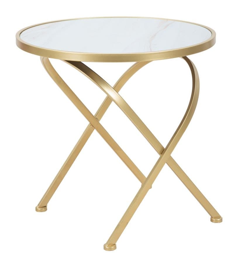 Estila Art deco príručný stolík Amadora so zlatou kovovou konštrukciou a okrúhlou bielou sklenenou doskou s mramorovým efektom 50 cm 1